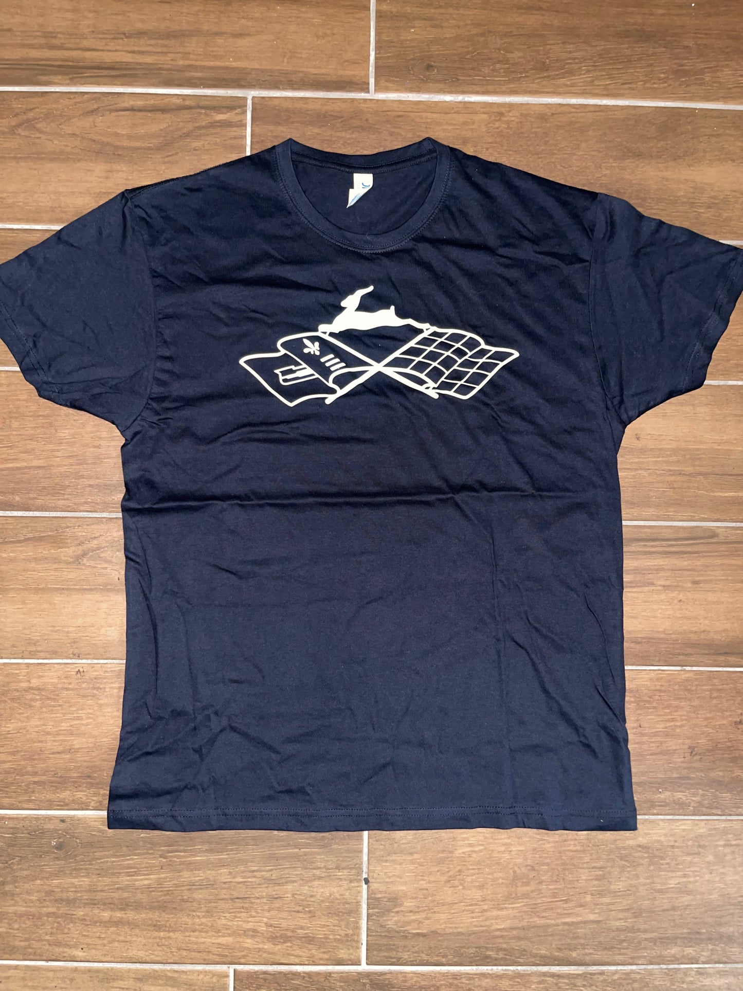 Non reflective white cross flags leaping deer emblem tee