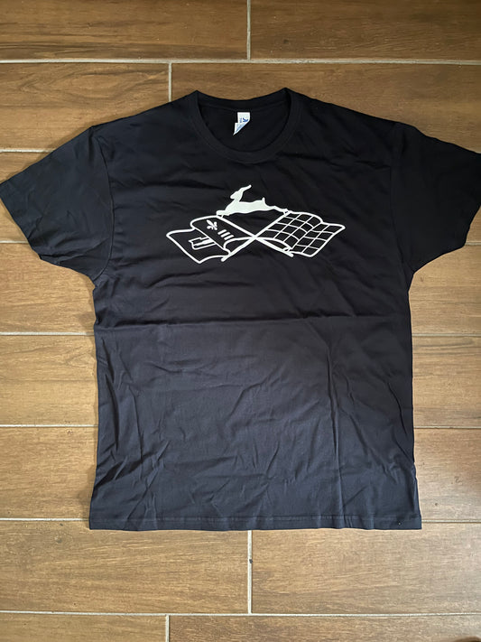 Non reflective white cross flags leaping deer emblem tee