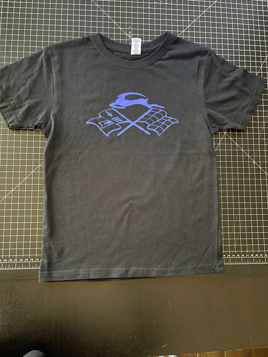 Kids blue 3m cross flag n leaping deer logo tee